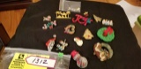 Fashion Jewelry--large group of holiday coat pins, including santa, snowman, Joy, wreath, camels, an