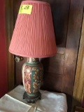 Lamp w/ pink shade & Oriental style base on wood stand, 30