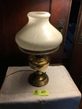 Electrified brass oil lamp w/ glass globe, 20