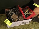 Box lot of shop items including punches, hangars, hinges, etc.