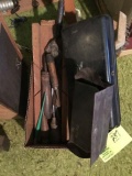 Group of hand tools, including a wire brush, hole punches, metal storage can & coat hooks