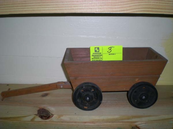 Wooden wagon, hand-made, 10 1/2" x 5 1/2" x 5 1/2"t, 7" handle, 3" wheels
