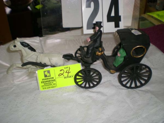 Cast horse drawn carriage with driver & passenger, 14"l x 5"t, 7"horse