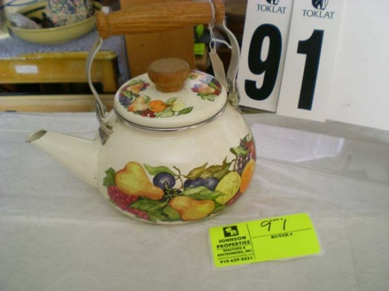 Enameled tea pot with wood & aluminum handle, 9"t x 10"l x 7 1/2"r