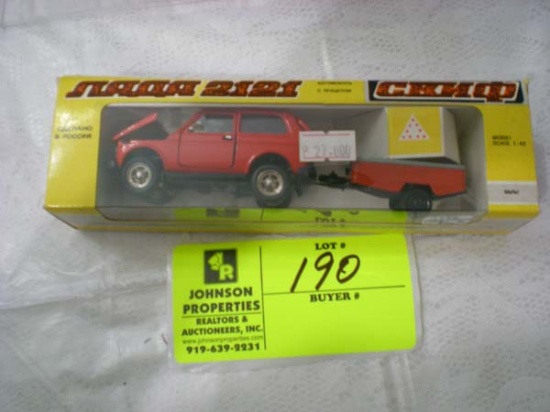 USSR jeep with trailer, 1:43 scale, 7 1/2" x2" x1 1/2"