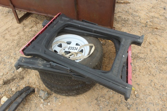 2 AXLES, LEAF SPRINGS, TIRES AND SAW HORSES