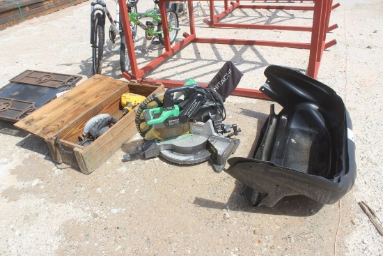 MITER SAW AND WOODEN AMMO BOX W/TOOLS