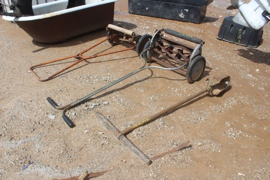 2 PUSH MOWERS AND ANTIQUE POST HOLE DIGGER