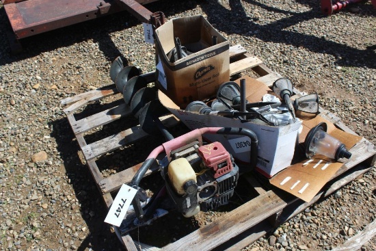 PALLET OF MISC/ POST HOLE DIGGER