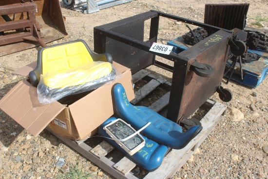 2 TRACTOR SEATS AND A CART ON ROLLERS
