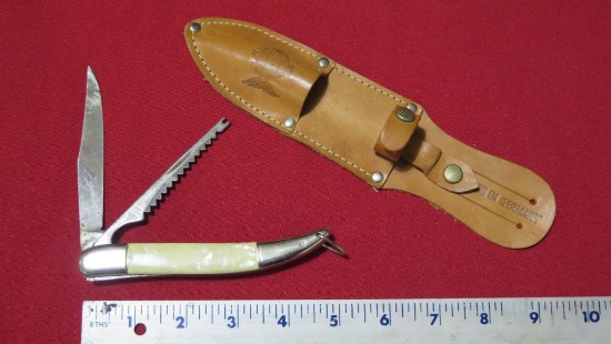 Folding fish knife, 4" blade, made in Germany, with leather sheath, tag#564