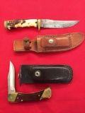 (2)Schrade knives; 1-Stag handled fixed knife, 1-folding pocket knife with