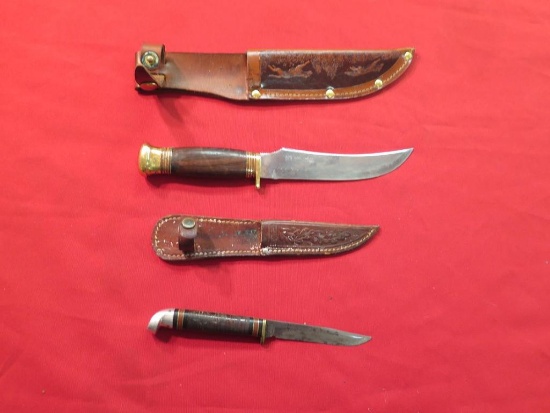 (2) Hunting knives with sheaths made in Sweden and US, tag#1347