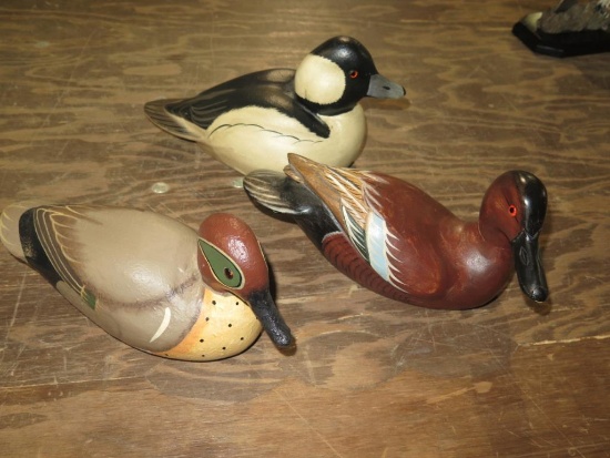 (3) DU wooden duck decoys - small blue wing teal, buffalo head, green wing