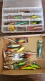 Several new & used lures & plugs & plastic bin with many more, tag#5415