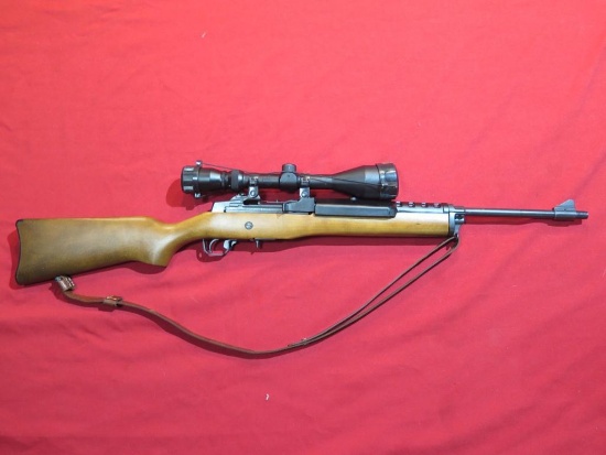 Ruger Mini 14 .556/.223 semi auto, leather carry strap, custom scope rings,