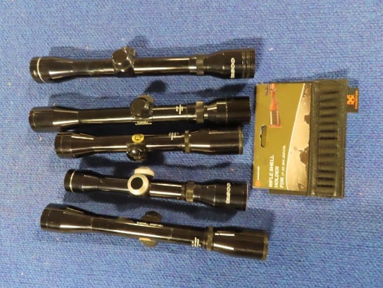 3 - Bushnell scopes, 2 tasco scopes, shell holder~1312