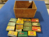 Old wood ammo bow/16 vintage ammo boxes, empty~1309