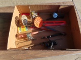 Box of jigs sticks, spin cast reel & stick ice scoop~4768