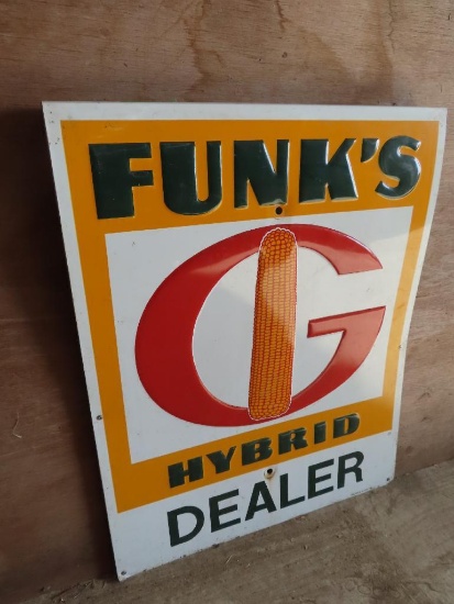 Funk's Hybrid Dealer raised 2 sided metal sign, 23" x 30"