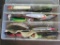 9 musky baits in clear plastic fishing box~6974