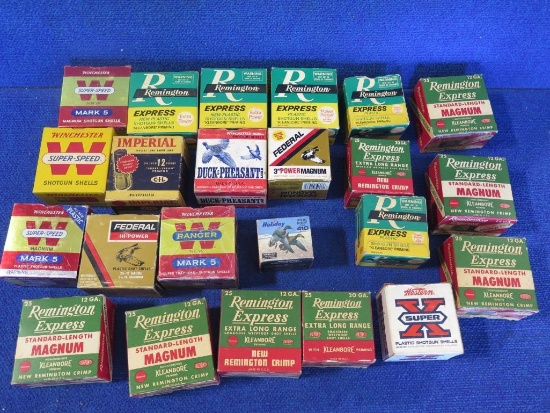 Collection of old Shot Gun Shell Boxes. Most contain empty hulls~6593