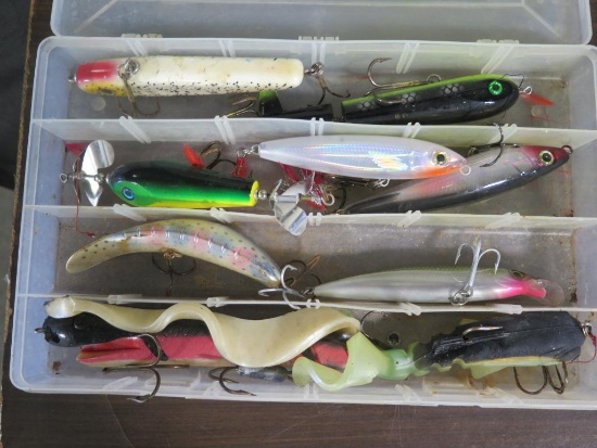 9 musky baits in clear plastic fishing box~6974