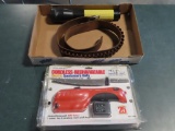 Cordless rechargeable elec filet knife, leather ammo belt (44mag/44spl, sz3