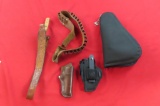 Holsters, padded & lockable pistol case, leather ammo belt, & sling, tag#41