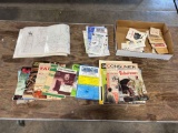 Large group of vintage fishing tackle catalogs, magazines, and antique fish