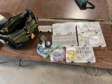 Cabela’s large green soft sided fishing tackle box + 5 trays + lures + more