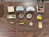 Flat of antique fishing lures including Creek Chub in box, flies, boxes, ba