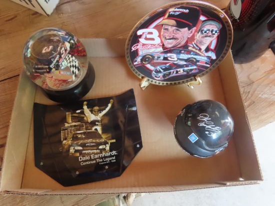 Dale Earnhardt snow globe, collectible plate, car hood