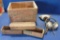 Antique Peters wood shotshell case, tin chicken, cheese boxes, headphones,