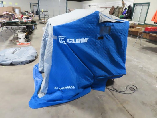 Clam one man flip over ice shelter, Dave Gentz insulated, seat and sled, ta