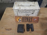 Ammo box, Henry sign, binoculars, tag#2165