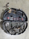 Bowtech Alliance compound bow with case, sight, arrows, and additional quiv