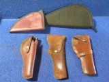 3 - leather pistol holsters and 2 soft handgun cases, tag#3459
