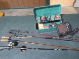 Garmin depth finder, tackle box with lures, 5 rods and reel, tag#3671