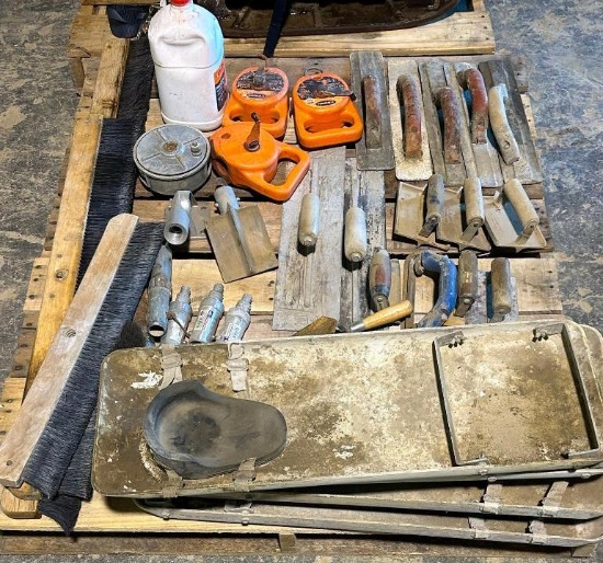 pallet of concrete finishing tools to include Kesson chalk lines, 18", 24", 36" concrete broom, bull