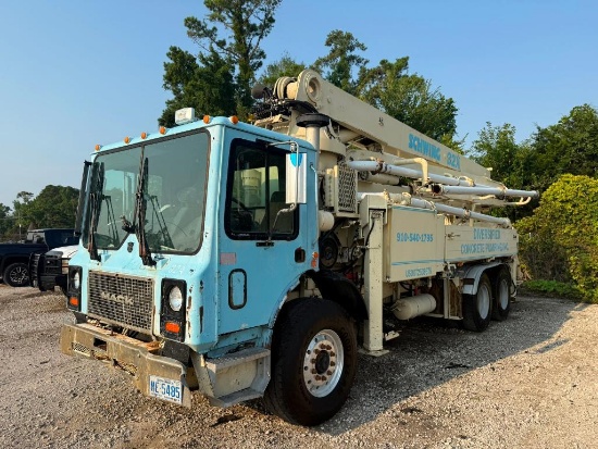 2002 Schwing KVM 32/28 XLG 32m Concrete Pump on 2002 Mack MR688S Tandem Axle Truck