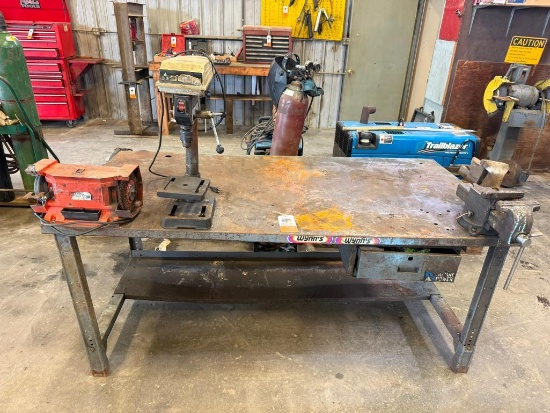 Metal Shop Table 72" x 36", Vise, Delta Drill Press, Double Arbor Grinder