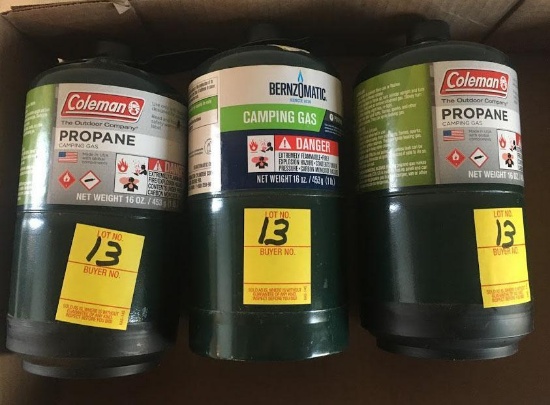 13. (3) Coleman propane camping gas cylinders.
