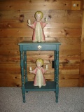 Two Matching Child Candlestick Holders with Two Tiered Wooden Shelf