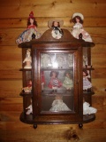 Assorted Collectable Ceramic Dolls and display cabinet/shelf