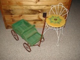 Antique toy wagon and rod iron chair