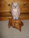 Solid Wood Carved Owl with accompanying wooden pedastal