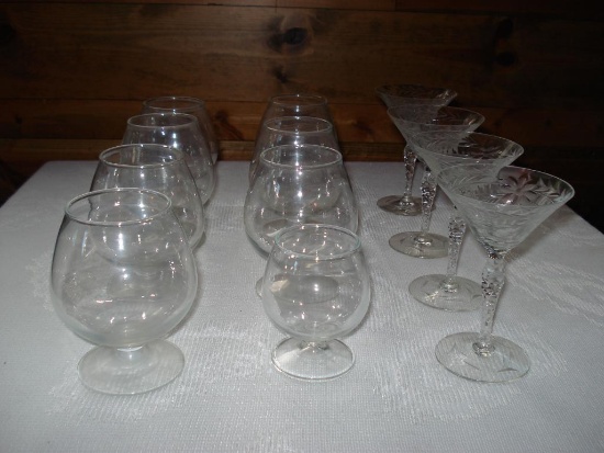 Assorted Glassware - Martini Glasses and Brandy Snifters