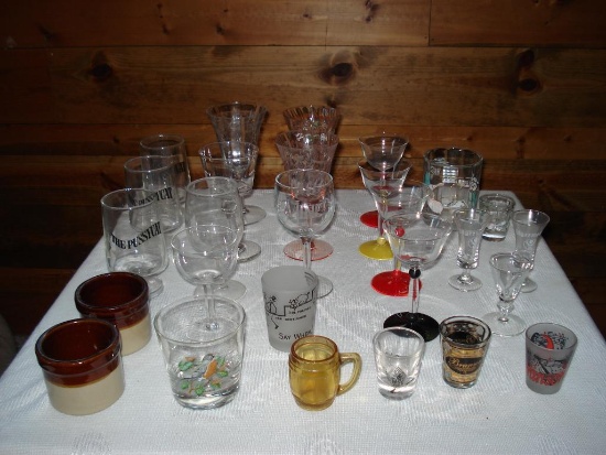Assorted Glassware and stoneware - Shotglasses- Mismatched stemware