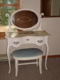 Antique Solid Wood Vanity with Attached Tilt Mirror and Bench